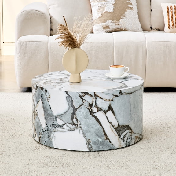 Round Coffee Table, 23.6" Modern Faux Marble Drum Coffee Table, Round Accent Center Table for Living Room Apartment Small Spaces, No Assembly Required