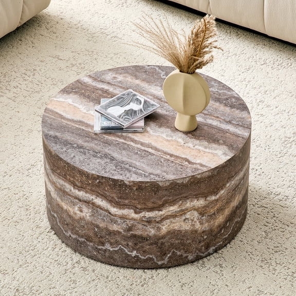 Round Coffee Table, 23.6" Modern Grey Faux Marble Drum Coffee Table, Round Accent Center Table for Living Room Apartment Small Spaces, No Assembly Required