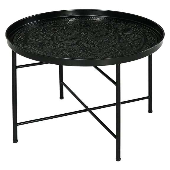 Round Coffee Table, 24 Inch Center Table for Living Room - Black Metal Frame with Hammered Tray Top - Bedroom Side Table, Modern Rustic