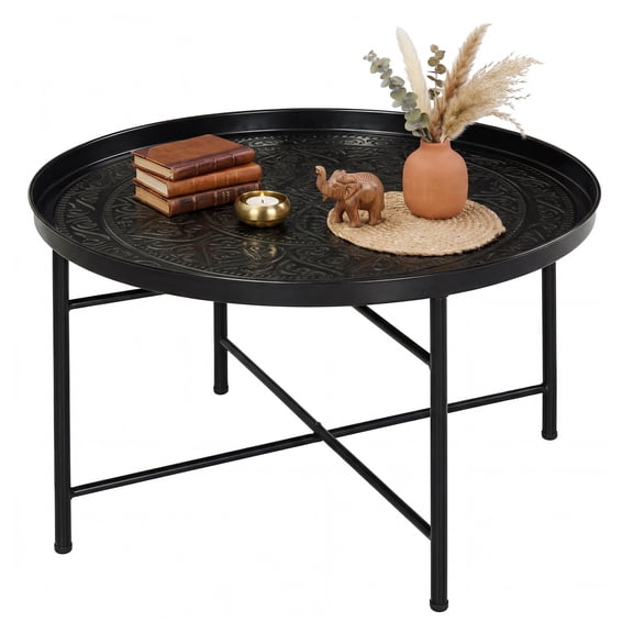 Round Coffee Table, 24 Inch Center Table with Metal Frame - Black Living Room Tables, Bedroom Accent Table, Hammered Tray Top Small Tables