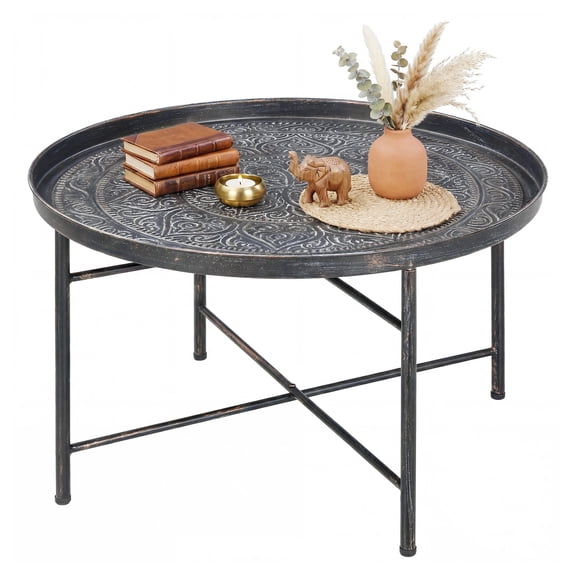 Round Coffee Table, 24 Inch Center Table with Metal Frame, Hammered Pewter Tray Top, Living Room & Bedroom