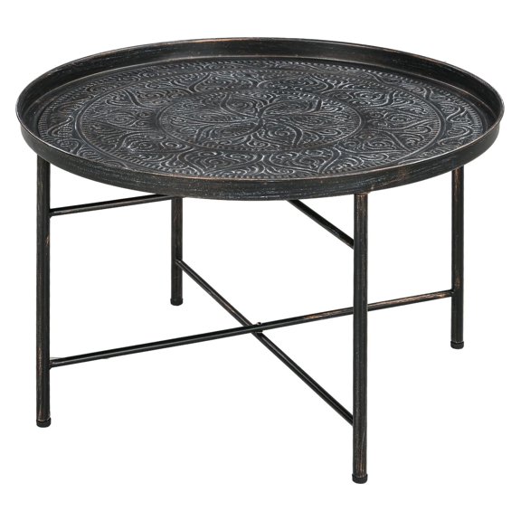 Round Coffee Table 24 Inch, Metal Center Table with Hammered Tray Top, Pewter Living Room Table