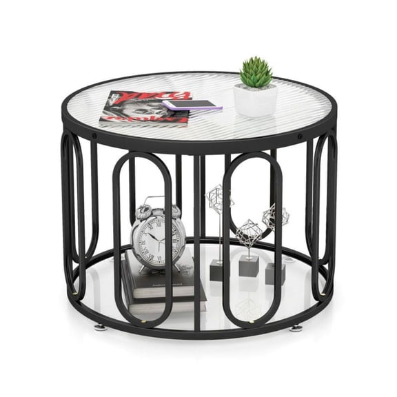 Round Coffee Table 24 Inch, Reeded Glass Top & Swivel Base - Gold/Black Living Room Table, Modern Accent Table with Storage, 360° Rotating Brackets