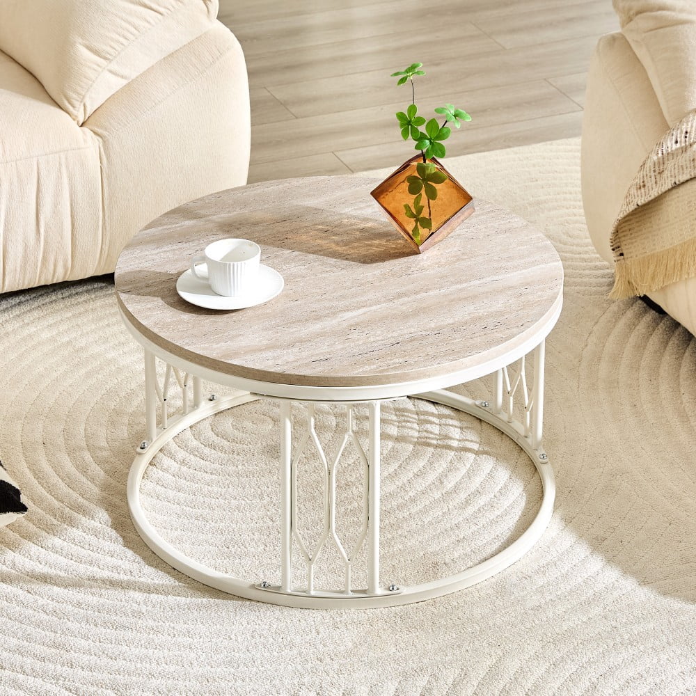 Round Coffee Table, 27.5" Coffee Table with Stone-Effect Travertine Top, Metal Frame, Modern Living Room Table, White