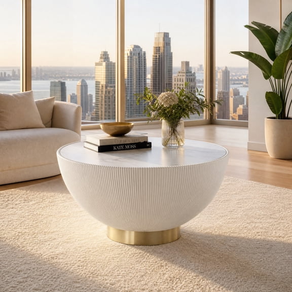 Round Coffee Table 28 Inch Modern Coffee Table with Ceramic Marble Top Pleated Leatherette Base Gold Metal Base Fully Assembled for Living Room Cream