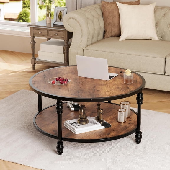 Round Coffee Table, 30.5" Wood Circle Coffee Table with Sturdy Metal Roman Pillar Legs, 2 Tier Coffee Table with Open Storage, Rustic Center Table with Storage Shelf, Easy Assembly