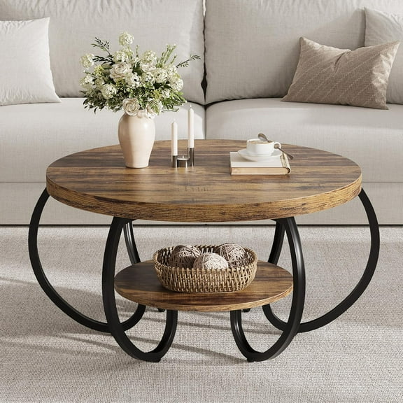 Round Coffee Table 30 In - 2-Tier Industrial Center Table with Storage Shelf Adjustable Feet Easy Assembly Wood Grain