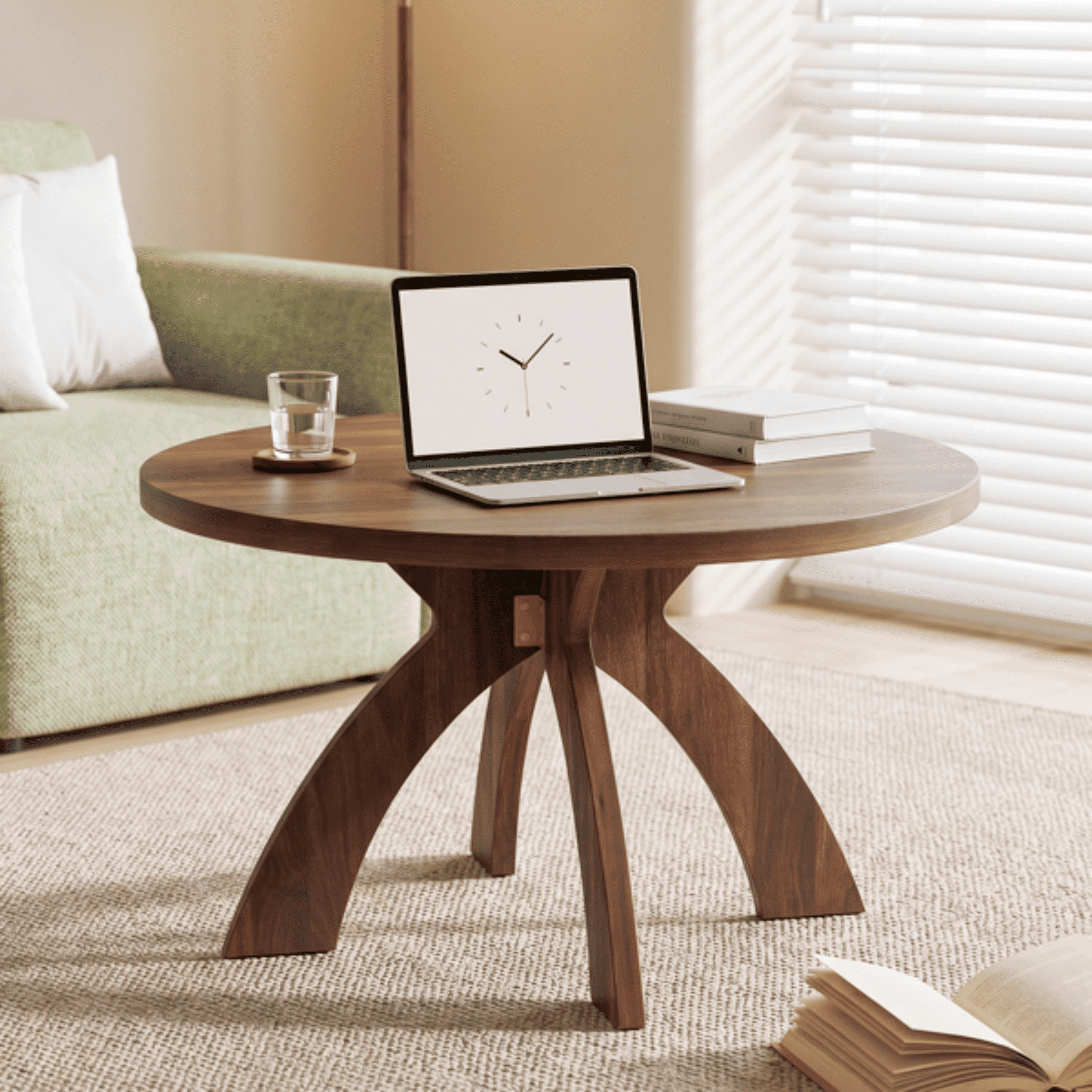 Round Coffee Table, 31.5 Inch Walnut Finish MDF Coffee Table with Curved Cross Legs, Modern Minimalist Circular Center Table for Living Room, 31.5" Lx31.5" Wx18" H