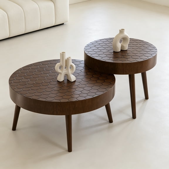Round Coffee Table, 31.5" Mid Century Modern Coffee Table Set with Honeycomb Pattern Tabletop, Coffee Table and End Table Set of 2 for Living Room, Easy Assembly, Brown
