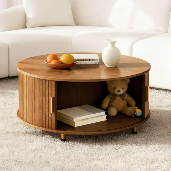 Round Coffee Table, 31.5" Modern Coffee Table with 360° Sliding Tambour Door, Fluted Accent Coffee Table with Storage, Coffee Center Table with Adjustable Footpads for Living Room, Walnut