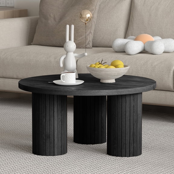 Pusnapku Round Coffee Table, 31.5" Wood Unique Accent Couch Table with 3 Fluted Legs, Farmhouse Small Circle Center Desk for Living Room, Bedroom