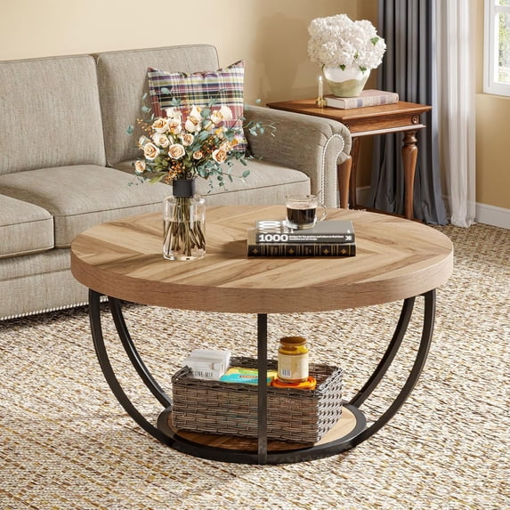 Round Coffee Table, 31.7" Circle Coffee Table for Living Room, Modern 2-Tier Wood Accent Center Table with Storage Open Shelves, Wooden Grain and Black