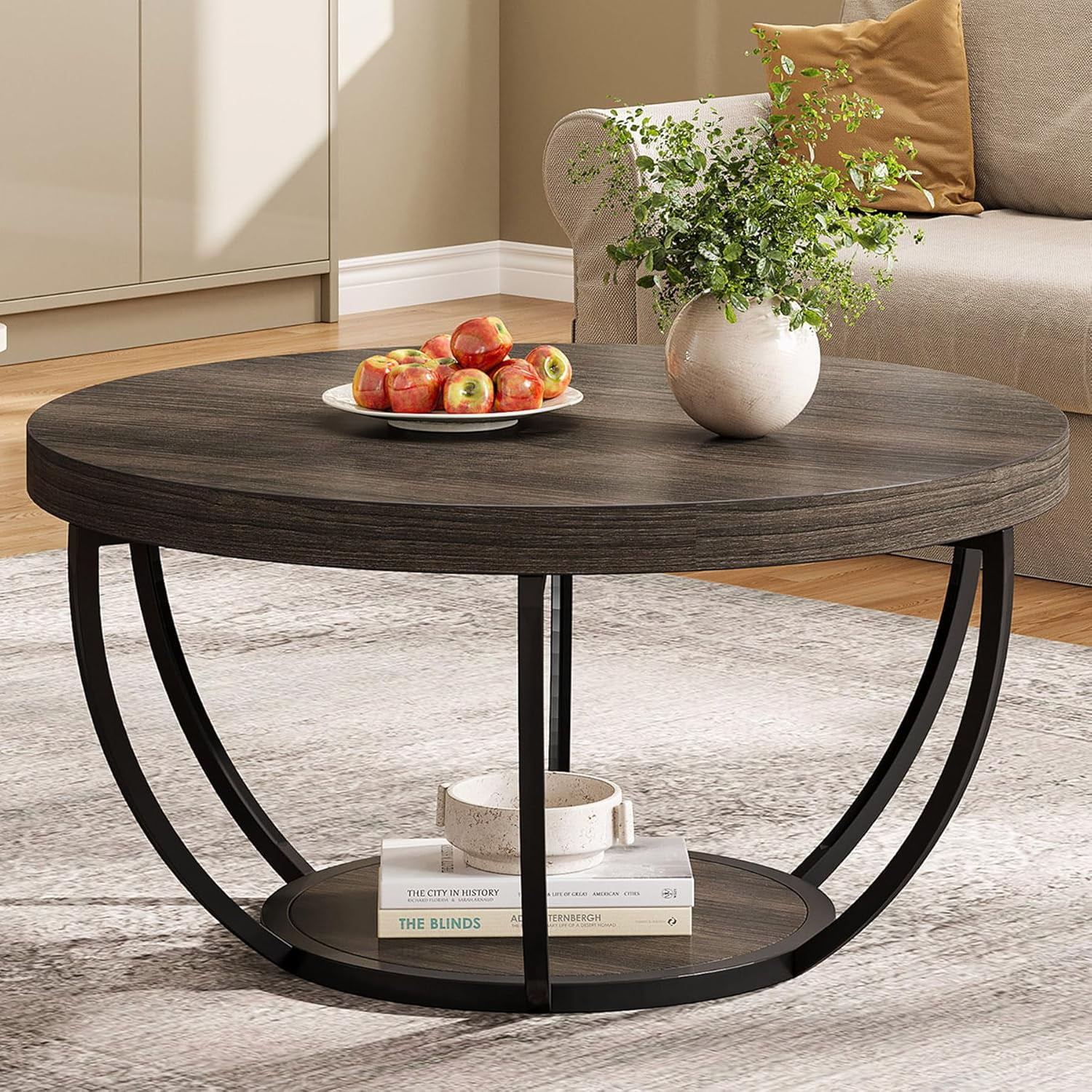Round Coffee Table, 31.7" Wooden 2-Tier Circle Coffee Table with ...