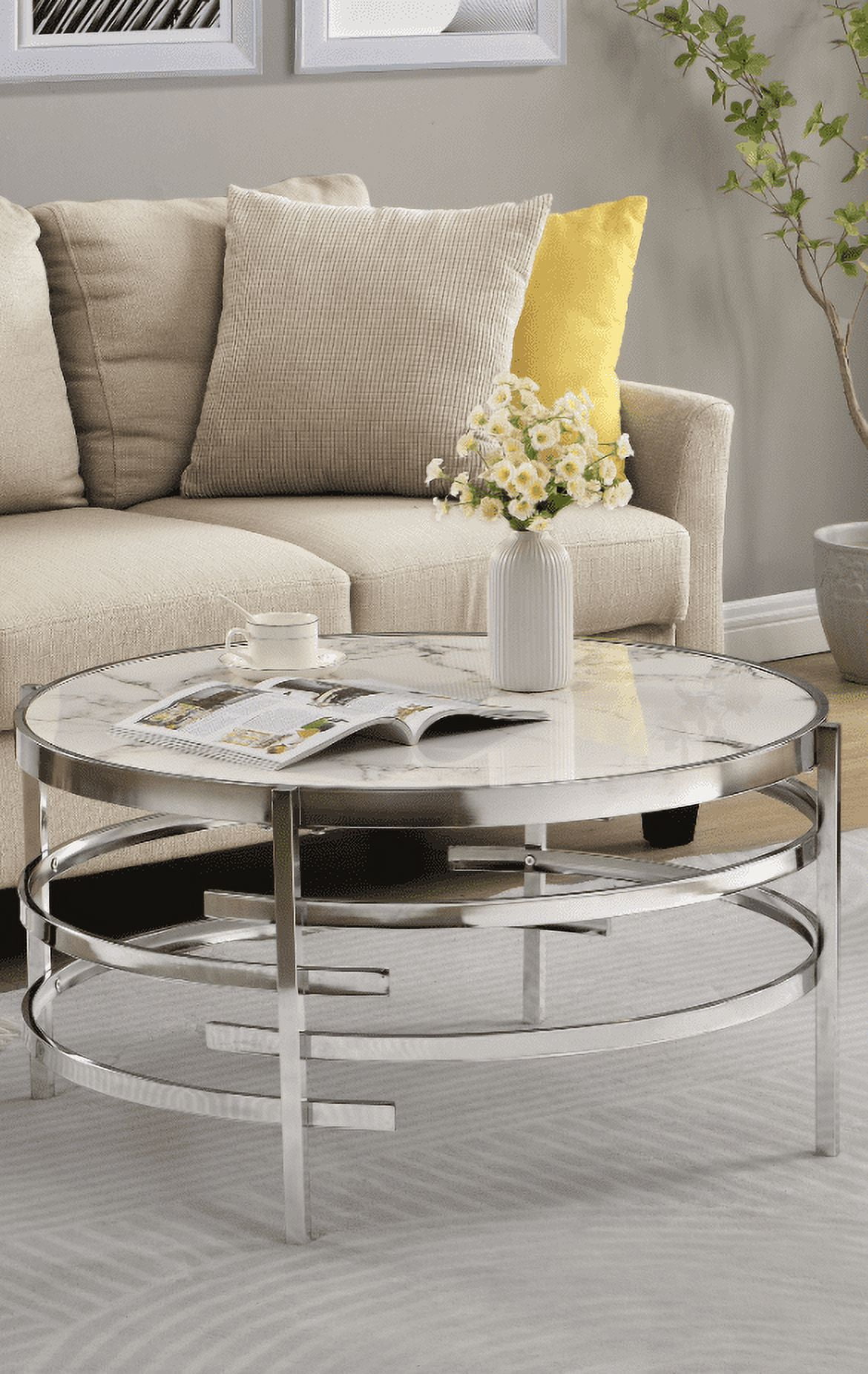 Round Coffee Table,32.48" Chrome Round Coffee Table with Sintered Stone ...