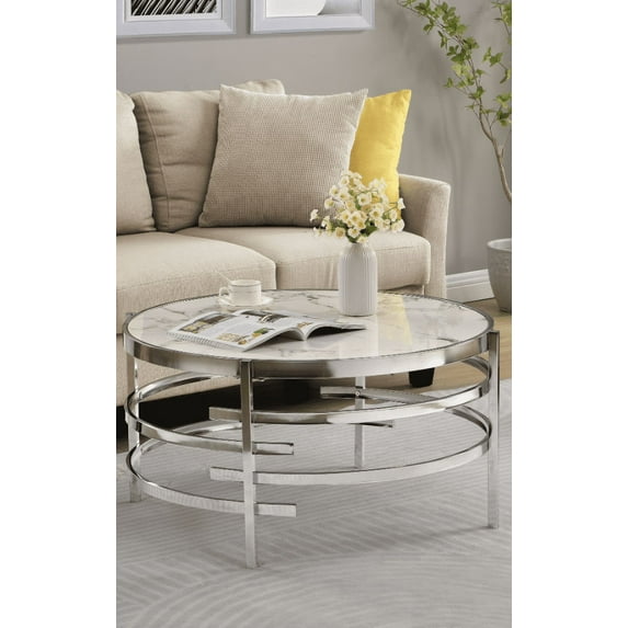 Round Coffee Table,32.48" Chrome Round Coffee Table with Sintered Stone Top & Sturdy Metal Frame,Modern Circular Coffee Table,High-Temperature Tea Table for Living Room