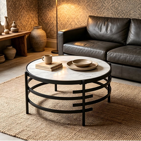 Round Coffee Table, 32.48" Modern Chrome Coffee Table End Table Accent Table with Sintered Stone Top & Sturdy Metal Frame for Living Room, Small Space, Black