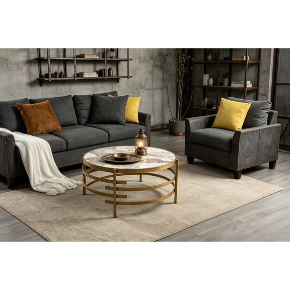 Round Coffee Table, 32.48" Modern Chrome Coffee Table End Table Accent Table with Sintered Stone Top & Sturdy Metal Frame for Living Room, Small Space, Gold