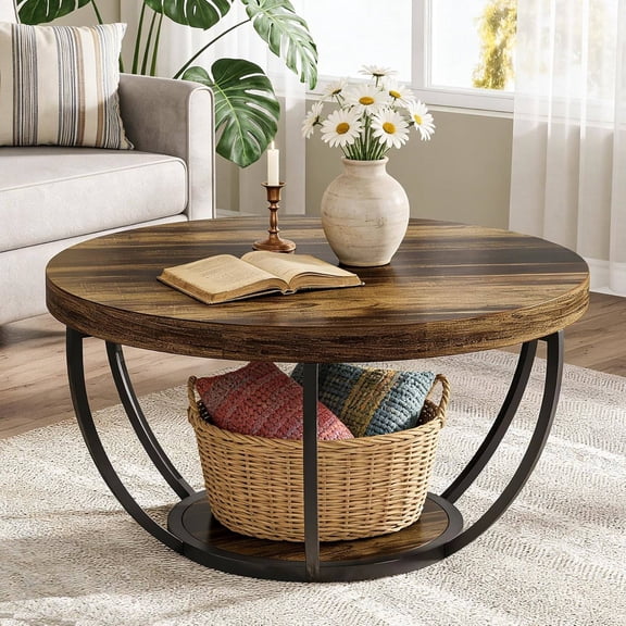 Round Coffee Table, 32" Two-Tier Wood Center Table with Open Shelves, Brown