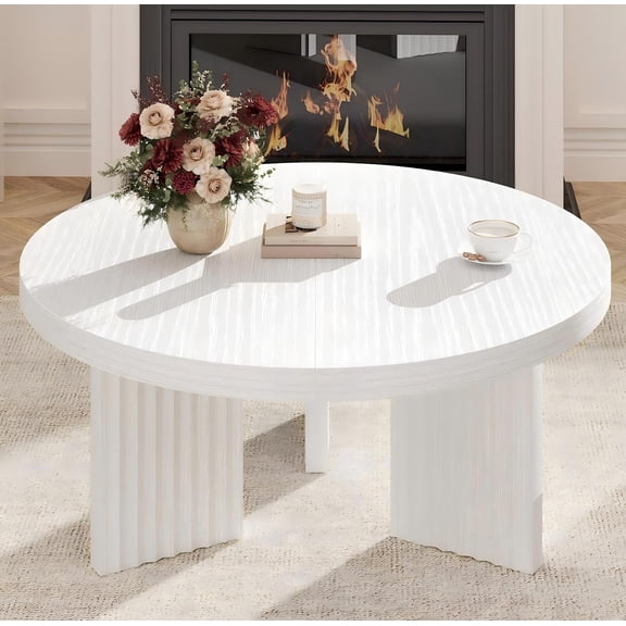 Round Coffee Table, 33.5" Circle Center Table with Fluted Legs & 1.3" Thick Top, Accent Sofa Tables for Living Room, Bedroom, Easy Assembly, White