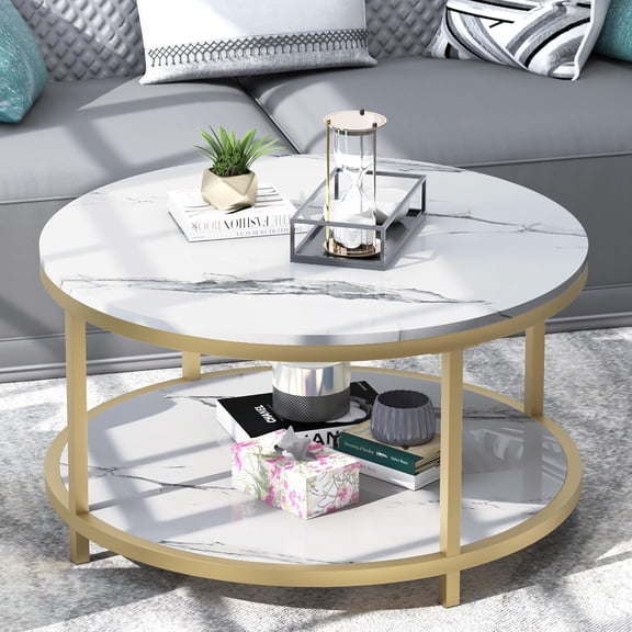 Round Coffee Table 33.5" Coffee Tables for Living Room High Glossy Faux White Marble Top Modern Circle Table Sturdy Gold Metal Frame Legs Cocktail Table with Storage Open Shelf