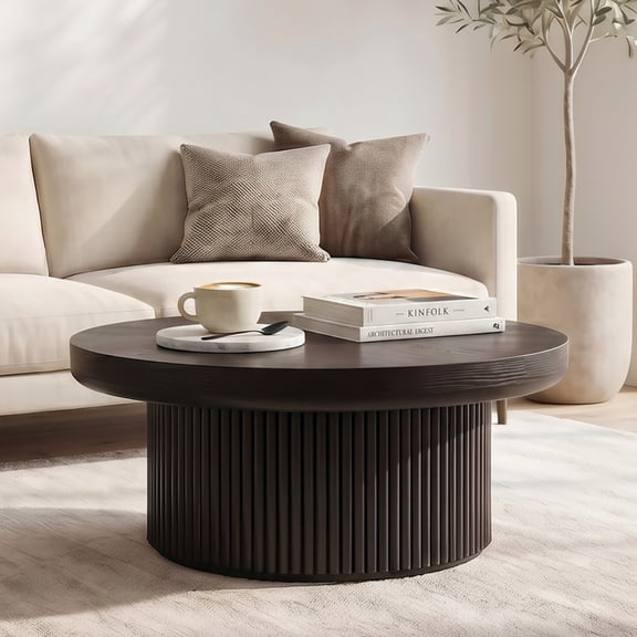 Round Coffee Table 33.5 Inch, Fluted Drum Base Wood Grain Top Cocktail Table for Living Room, Mid Century Modern Furniture
