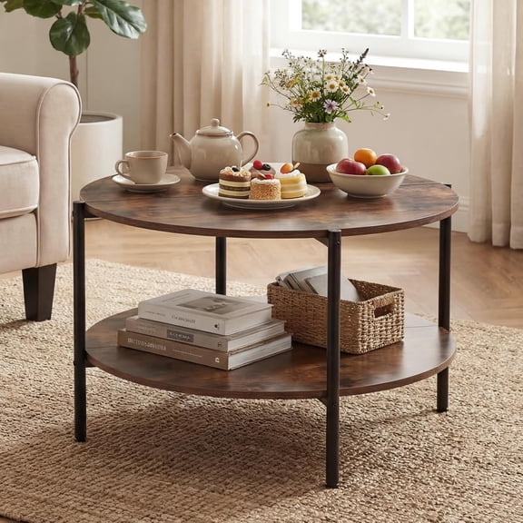 Round Coffee Table, 33.5” Industrial Center Table with Open Storage Shelf, Wooden Top, Metal Frame, Modern, 2-Tier Circle Living Room Accent Tea Tables for Small Spaces (Rustic Brown & Black)