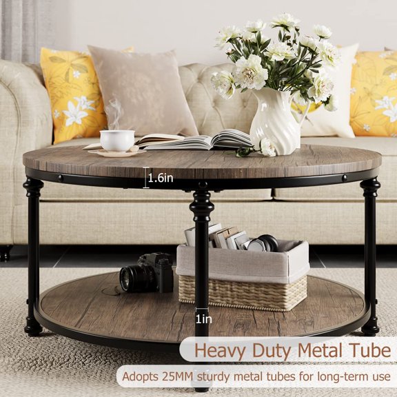Round Coffee Table , 34.2" 2-Tier Rustic Center Table with Storage Shelf Wood for Living Room Circle Coffee Table with Sturdy Metal Frame, Easy Assembly