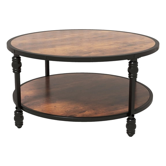 Round Coffee Table, 34.25" Wood Circle Coffee Table with Sturdy Metal Roman Pillar Legs, 2 Tier Coffee Table with Open Storage, Modern Floor Table for Living Room, Bedroom, Home Office