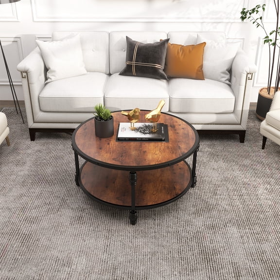 Round Coffee Table, 34.25" Wood Circle Coffee Table with Sturdy Metal Roman Pillar Legs, 2 Tier Coffee Table with Open Storage, Modern Floor Table for Living Room, Bedroom, Home Office