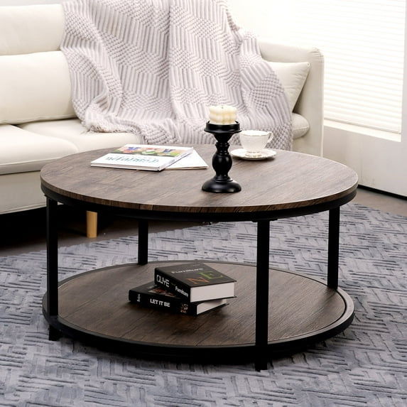 Round Coffee Table, 35.5" Rustic Coffee Table ,Cocktaile Table with 2-Tier Wooden Storage Shelf, Modern Living Room Furniture, Light Walnut