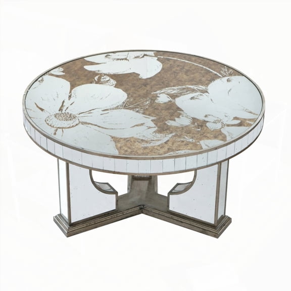 Spacious Round Coffee Table (35.5x35.5x19") - Floral Design & Mirrored Silver Finish for Living Room