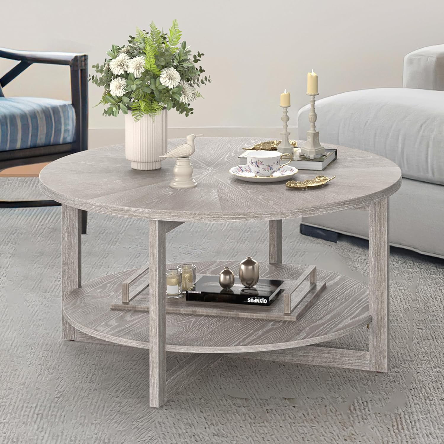 Round Coffee Table, 35" Rustic Modern Circle Coffee Tables with 2-Tier ...
