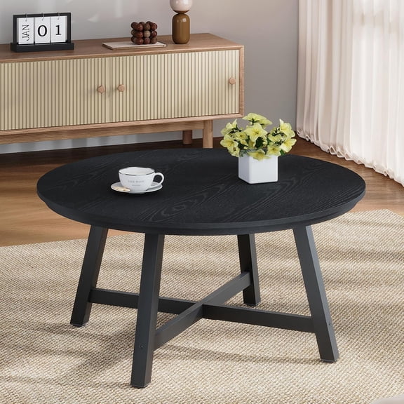 Round Coffee Table 36" Center Table,Large Coffee Table Black Accent Tables with Adjustable Feet, Living Room Tables with Thickened Legs and Designed Wood Grain, Easy Assemble