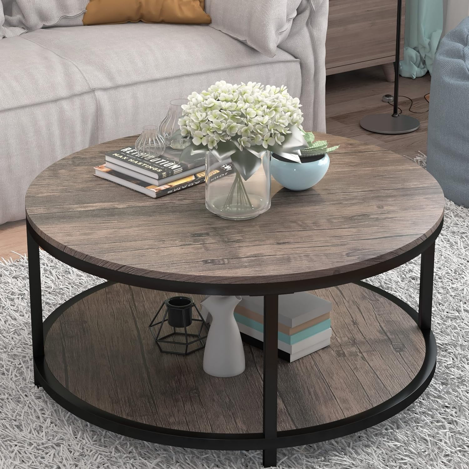 Round Light Walnut Wood Coffee Table with Storage Shelf