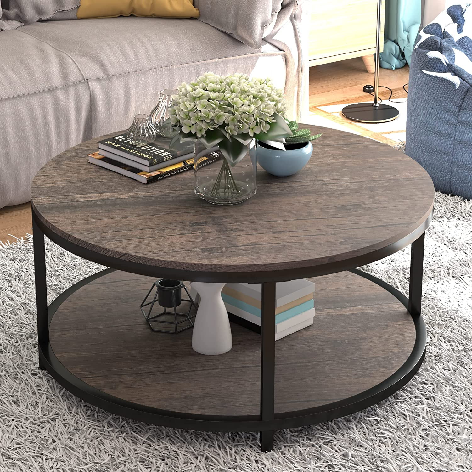 Round Light Walnut Wood Coffee Table with Storage Shelf