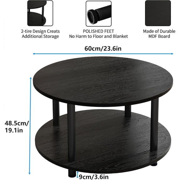 Round Coffee Table, 36" Small Coffee Table for Living Room, 2-Tier Rustic Wood Desktop and Metal Legs with Storage Shelf Modern Design Home Furniture (Black)