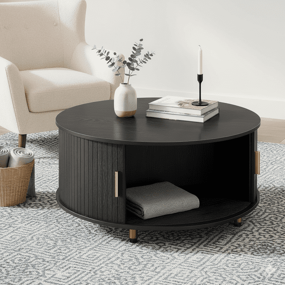 Round Coffee Table with 360° Sliding Tambour Door, 31.5" Modern Coffee Table with Storage, Mid-Century Fluted Accent Center Table with Adjustable Footpads for Living Room, Black