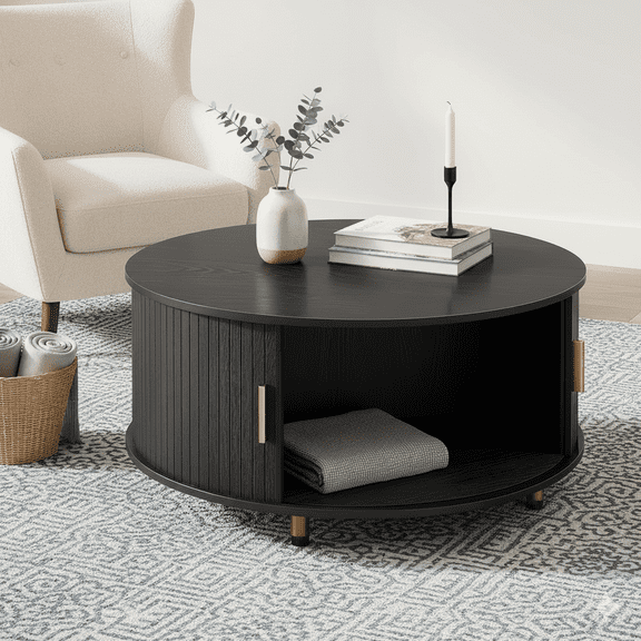 Round Coffee Table with 360° Sliding Tambour Door, 31.5" Modern Coffee Table with Storage, Mid-Century Fluted Accent Center Table with Adjustable Footpads for Living Room, Black