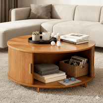 Round Coffee Table with 360° Sliding Tambour Door, 31.5" Modern Coffee Table with Storage, Mid-Century Fluted Accent Center Table with Adjustable Footpads for Living Room, Yellow Walnut