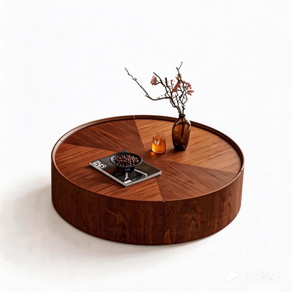 Round Coffee Table 39.37 Inch Walnut Wood Grain Veneer Iron Base Easy Assembly For Living Room Bedroom