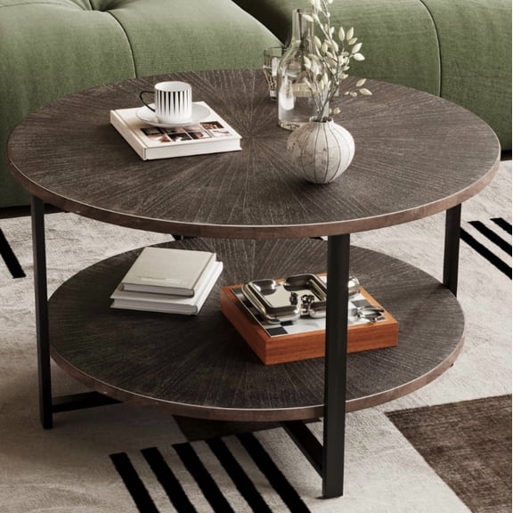 Round Coffee Table Black 31.5" Circle Coffee Tables for Living Room Rustic Industrial Design with Sturdy Metal Legs and Open Storage Shelf, Easy Assembly
