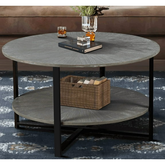 Round Coffee Table Black 31.5" Circle Coffee Tables for Living Room Rustic Industrial Design with Sturdy Metal Legs and Open Storage Shelf, Easy Assembly