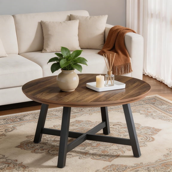 Round Coffee Table,Center Table for Living Room, Metal Frame, Wood Grain Top, Thick Legs, Adjustable Feet, Easy Assembly