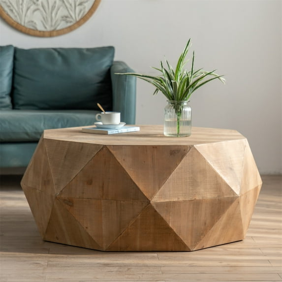Round Coffee Table, Cocktail Table Leisure Tea Table with Three-dimensional Embossed Pattern, 38" American Retro Wooden End Table with MDF Base for Living Room Bedroom, Easy to Assemble, Natural