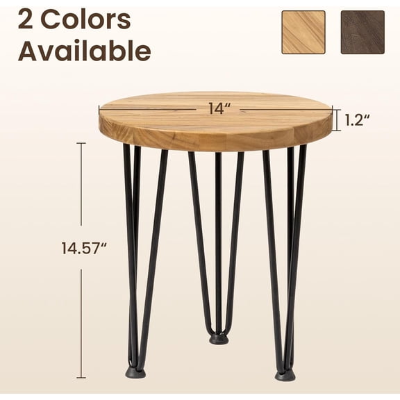 Round Coffee Table - Elm Wood Nesting Table with Metal & Non Slip Feet Base - Rustic Nesting End Tables for Living Room Bedroom - 14" D x 14" W x 16" H - Natural Color