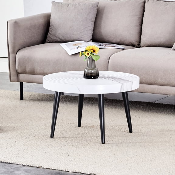 Round Coffee Table | Enhances Home Aesthetics with Marble Look, Quick Setup | 2 - inch Thick MDF, Black Metal Stand | Solves Color - Matching Problem