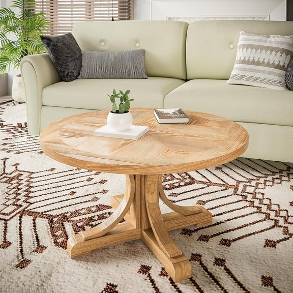 Round Coffee Table with Flower Shaped Top, Rustic Farmhouse Circle Center Table with Carved Legs, 33.5 Solid Wood Living Room Table, Mid-Century Cocktail Table, Easy Assembly