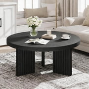 Round Coffee Table with Fluted Legs, 33.4 Inch Small Center Table for Living Room, Modern Accent Cocktail Table with Thick Top, Vintage Black Finish for Bedroom, Easy Assembly