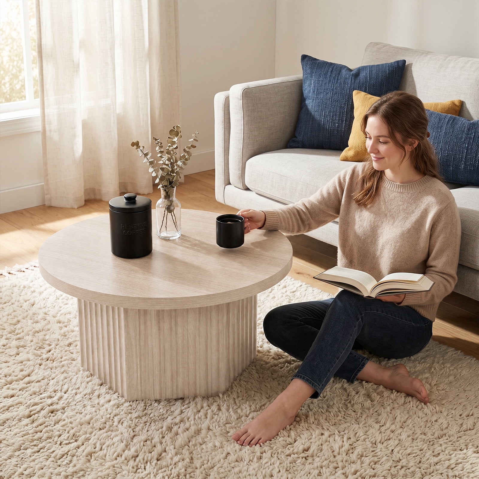Round Coffee Table, Fluted Pedestal Coffee Table, Wood Grain Circle ...