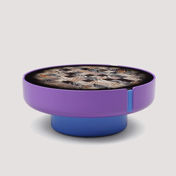 Round Coffee Table with Geometric Inlay Wood Top, High-Gloss Purple and Blue Gradient Finish, Sculpted Cup-Shaped Base, 33.46 Inch Width, Modern Artistic Center Table for Living Room
